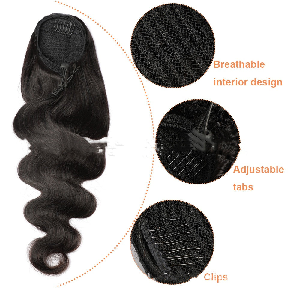 Natural Black Drawstring Ponytail Human Wig