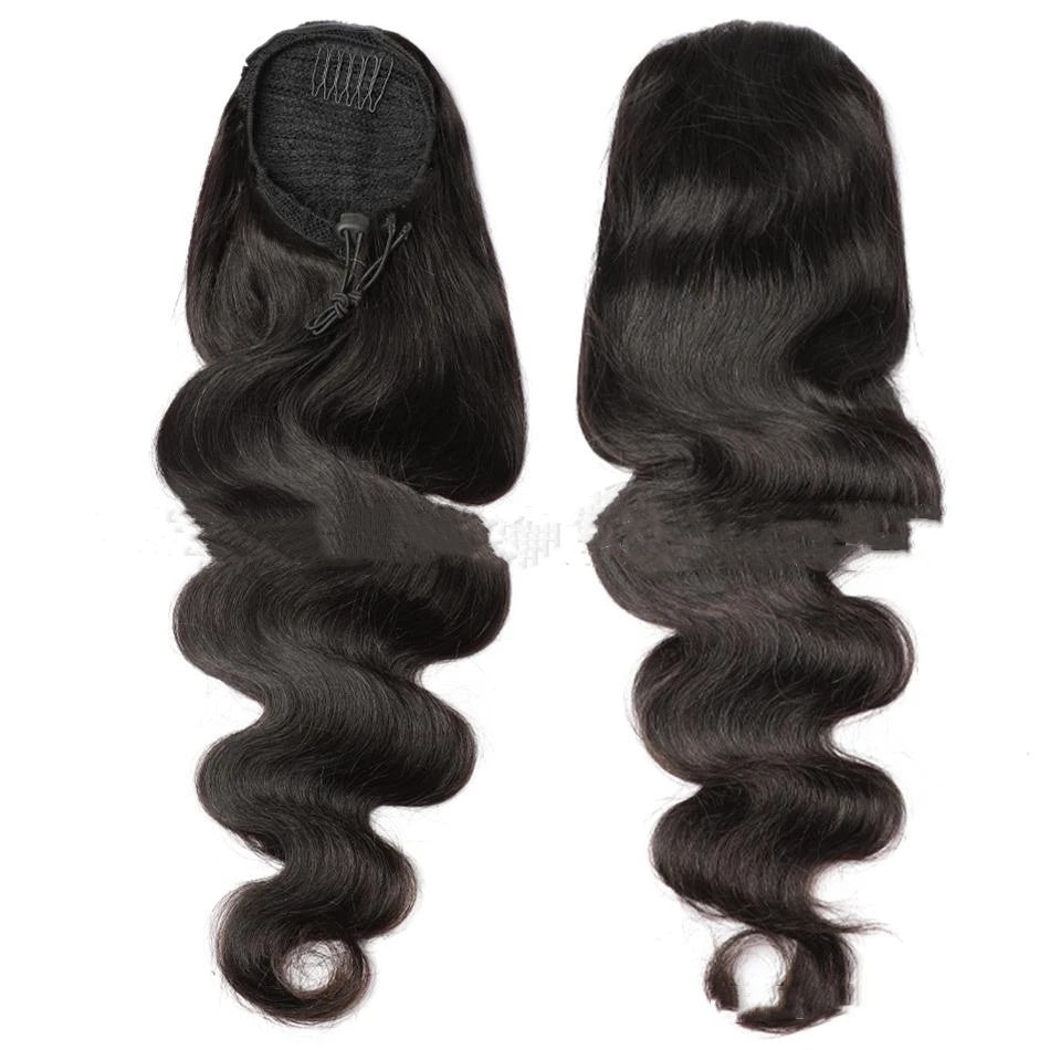 Natural Black Drawstring Ponytail Human Wig