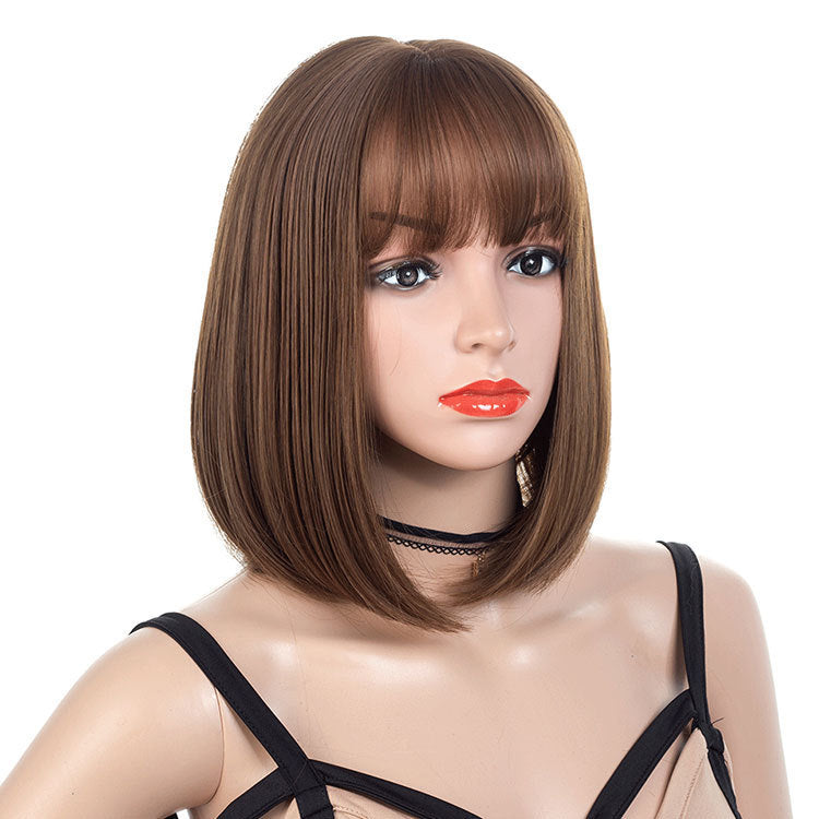 Brown Flat Bangs Short Straight Hair