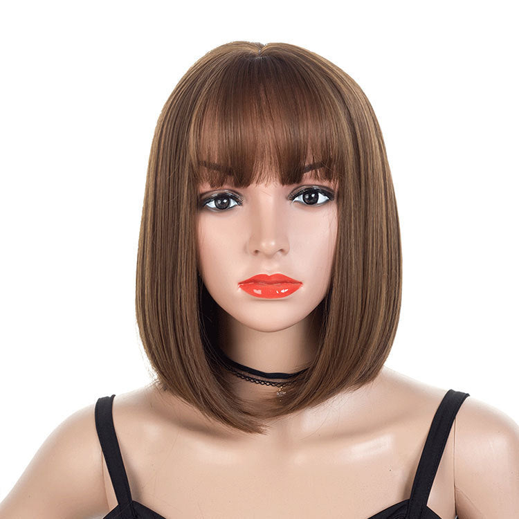 Brown Flat Bangs Short Straight Hair